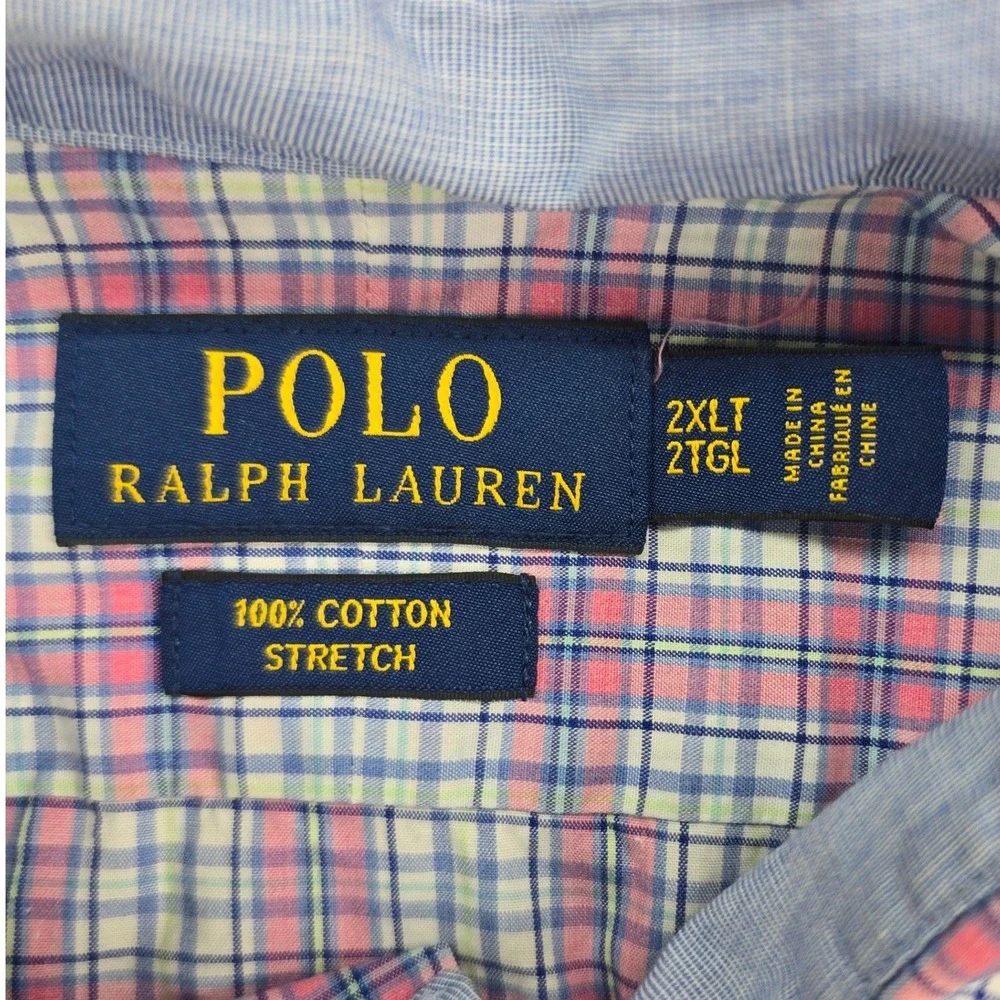 Polo Ralph Lauren Plaid Button Down Shirt Mens 2XLT Pink Blue Cotton Stretch